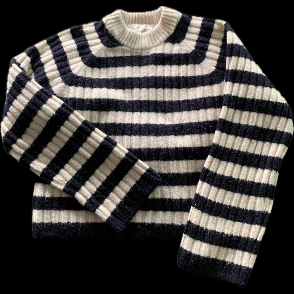 H&M Blue and Cream Cropped Crew Neck Sweater